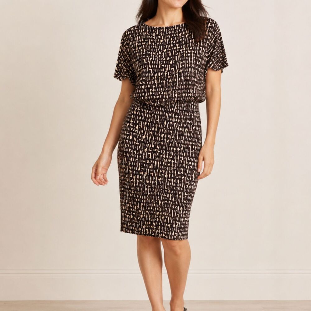 NIC+ZOE Abstract Print Stretch Knit Knee Dress Size PM Black Tan Lined